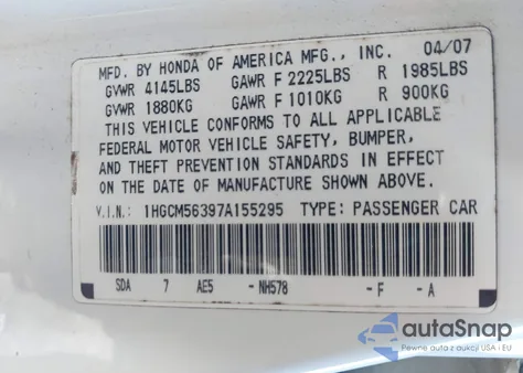 2007 Honda Accord 2.4 Se z USA, uszkodzony, nr VIN 1HGCM56397A155295